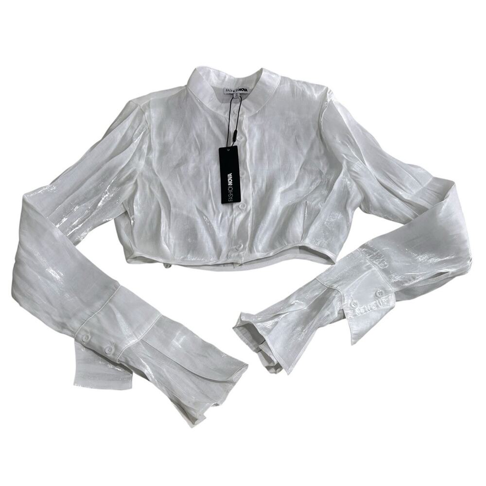 Fashion Nova Kaelie Satin Crop Top Off White Sz Small Long Bell Sleeve New - Picture 8 of 14